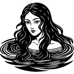 China environment:    A mysterious Chinese water maiden with long, shimmering hair swimming in the clear water