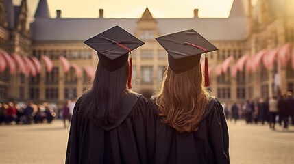 Rear view of two female students wearing graduation gowns and graduation caps. back view of university pride, success