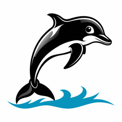 Black and white vector illustration of a dolphin above water white background. with solid black and white color