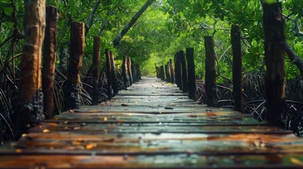 Foto op Plexiglas wooden pier extending into a mangrove forest, offering a unique perspective of coastal wetland ecosystems. © buraratn