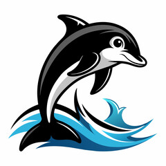 Fototapeta premium Black and white vector illustration of a dolphin above water white background. with solid black and white color