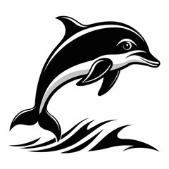 Black and white vector illustration of a dolphin above water white background. with solid black and white color
