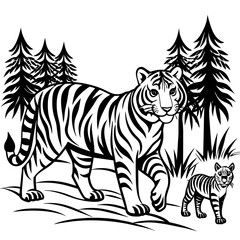 Tiger walking with baby in forest vector silhouette 