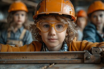A young boy with curly hair and round glasses looks curiously while working in a workshop, wearing a construction hard hat
