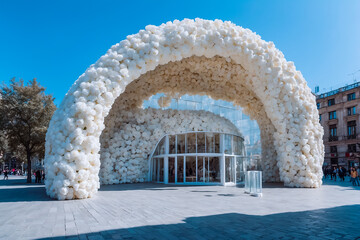 The building is made of concrete and glass. The structure has the shape of an arch with a large round and white all in colors.
