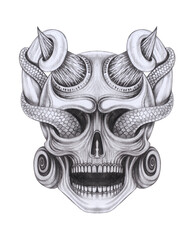 Demon skull tattoo design by hand drawing on paper.