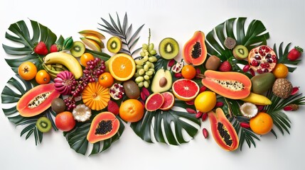 A colorful fruit display with a variety of fruits including bananas, oranges, kiwis, and strawberries