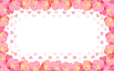 Floral Spring. Realistic banner with pink blossom background on soft light background for wallpaper design. Flowers Blossom border with hearts.