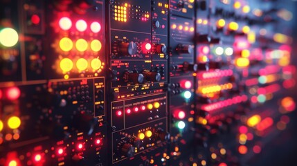 A close up of a large control panel with many flashing lights and buttons. - obrazy, fototapety, plakaty