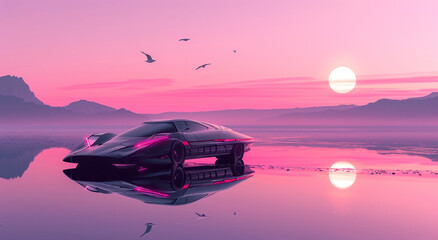 A grainy pink and purple digital artwork of an futuristic sport car driving on the beach at sunset. The car is reflected in still water with mountains visible behind it. 