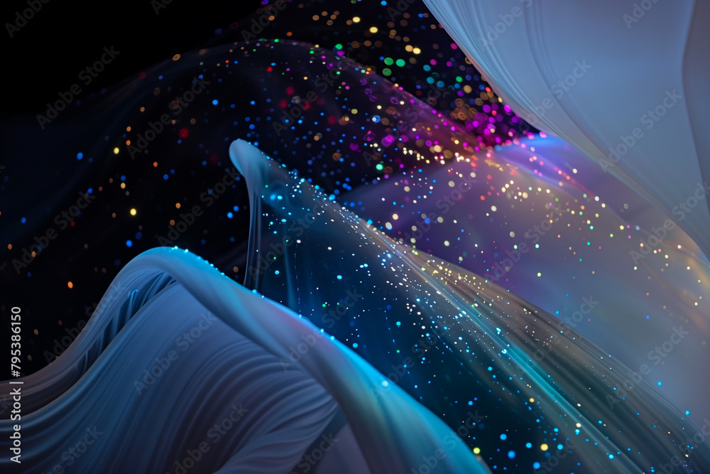 Wall mural abstract flowing fluid light particles colorful spectrum smooth curve on black background in concept