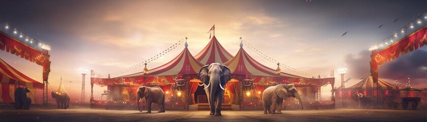 An elephant standing in front of a red and white circus tent with a sunset in the background - obrazy, fototapety, plakaty