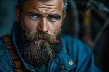 Close-up portrait of a bearded man with intense blue eyes, intense gaze and serious expression - obrazy, fototapety, plakaty