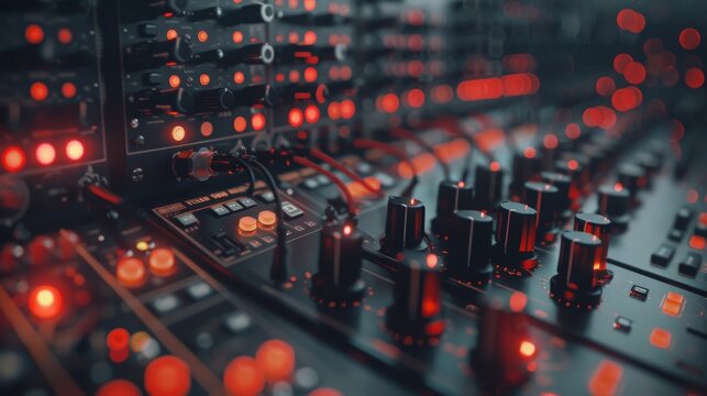 A close up of a modular synthesizer with red lights.