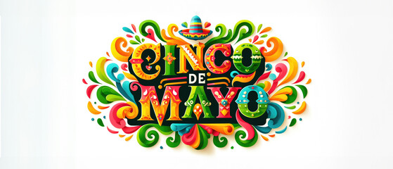 Extravagant Cinco de Mayo typographic design with swirling patterns and festive icons, ideal for vibrant marketing materials and flyers offering ample copy space