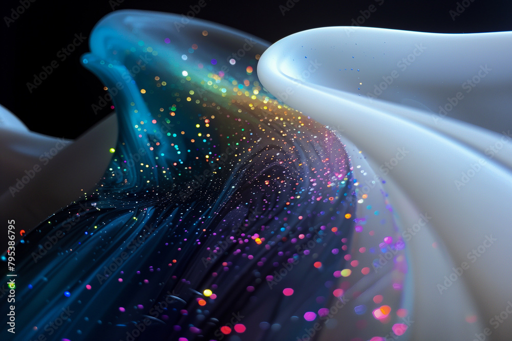 Wall mural abstract flowing fluid light particles colorful spectrum smooth curve on black background in concept