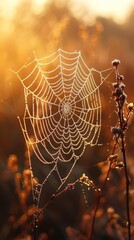 A close up of a spider web with morning dew on it