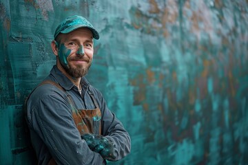 A happy mature construction worker with a goatee, leaning on a textured turquoise and orange wall