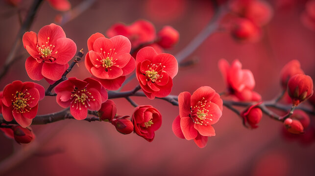Vibrant Quince Blossoms – Close-Up of Deep Red Flowers in Full Bloom Against a Soft Focus Background