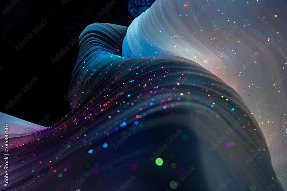 Wall mural abstract flowing fluid light particles colorful spectrum smooth curve on black background in concept