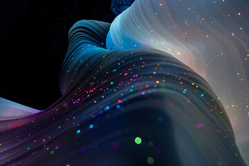 Abstract flowing fluid light particles colorful spectrum smooth curve on black background in concept technology, science.