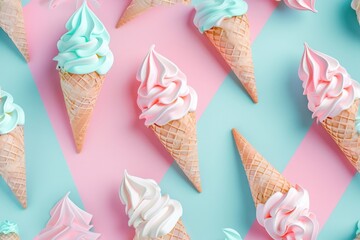 Colorful Assortment of Ice Cream Cones on Pastel Background