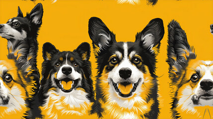 Vibrant pattern of illustrated border collies on yellow.