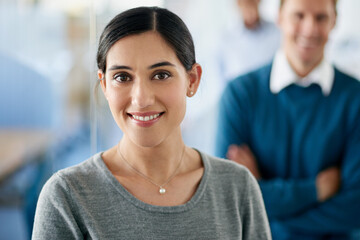 Portrait, Indian woman and happy as employee in office for career or job growth with opportunity....