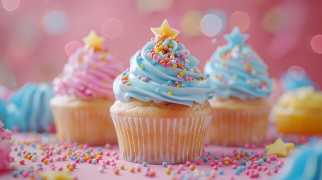 A close-up image of a blue frosted cupcake with rainbow sprinkles, surrounded by pink and yellow cupcakes on a pink background.
