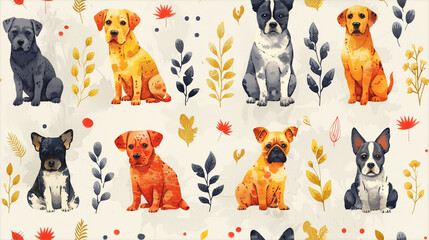 Colorful cartoon dogs with floral patterns