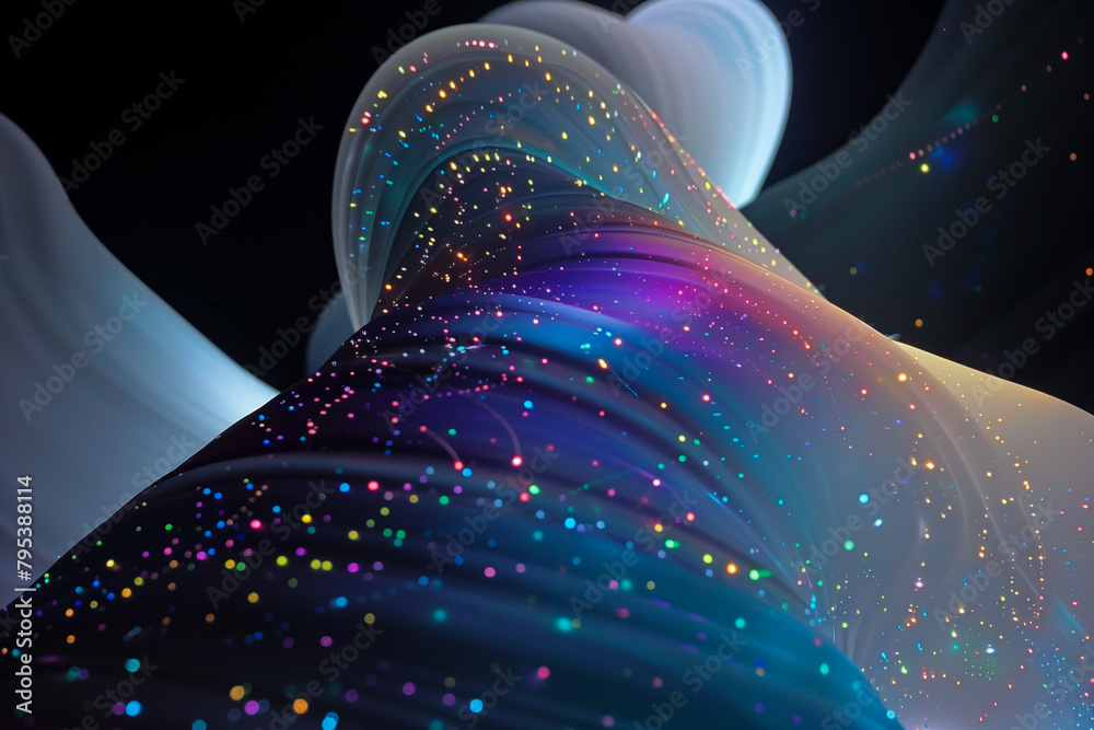 Wall mural abstract flowing fluid light particles colorful spectrum smooth curve on black background in concept