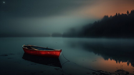 Red boat and evening foggy lake