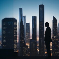 Silhouette of businessman looking at skyscrapers in the night. Ai generated