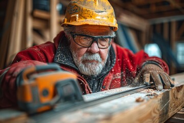 A diligent craftsman in red working with a circular saw, creating wooden pieces with precision and care in his workshop - obrazy, fototapety, plakaty