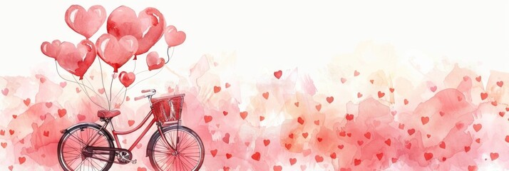 Cycle Graphic. Valentine Illustration with Pink Heart Balloons in Watercolor Style