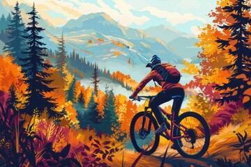 Summer Sport. Woman Mountain Biking in Autumn Forest Landscape