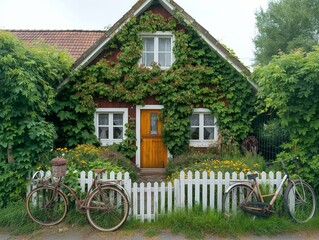 A house with a white picket fence and a green ivy growing on it. Two bicycles are leaning against the fence