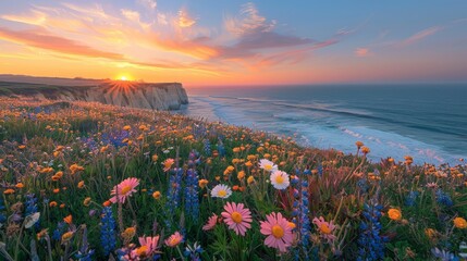 A stunning coastal sunset with the sun dipping below the horizon, surrounded by a field of...
