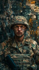 Ukrainian military ID against pixel camouflage uniform background.