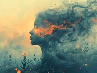 Introspective Reverie A Dreamlike Surreal Portrait of a Woman Lost in Contemplation Amidst Ethereal Naturalistic Landscapes