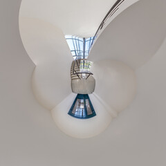 abstractly twisted into spherical 360 panorama interior of modern office with hall staircase and panoramic windows