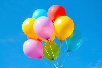 Colorful helium balloons floating against a bright blue sky, perfect for celebrations
