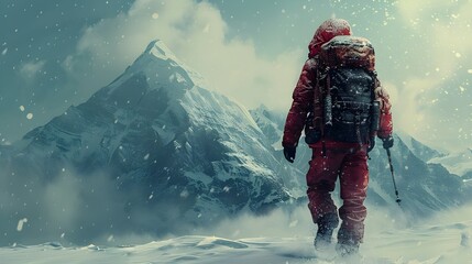 Rugged Individual Trekking Through Snowy Mountainous Landscape Amid Blowing Wind and Falling Snow - obrazy, fototapety, plakaty