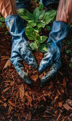 Fototapeta na wymiar Realistic hands in blue gloves spreading wood chip mulch around sapling. Vivid details of natural wood tones on grass.