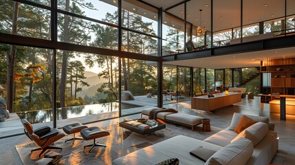Elegant Modern Residence with Seamless Blend of Glass Wood and Stone Framing Picturesque Landscape