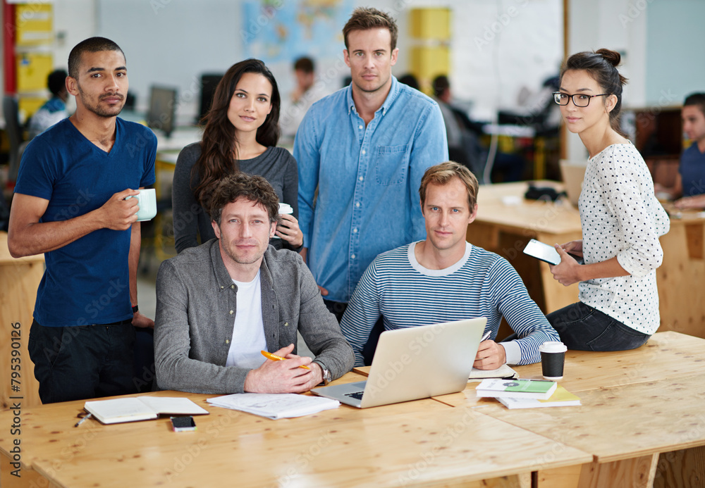 Poster meeting, people and portrait at office for teamwork and collaboration as graphic designer. laptop, e