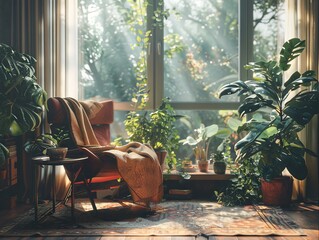 A cozy living room with a large window, a comfortable armchair, and many plants. The sunlight is streaming in through the window, creating a warm and inviting atmosphere.