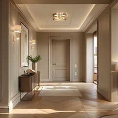 Sophisticated and Elegant Entryway in Luxury High Rise Apartment with Grand Double Doors Statement Lighting and Warm Wooden Flooring