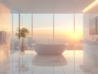 Lavish and Spacious High Rise Bathroom with Freestanding Tub and Cityscape Sunrise