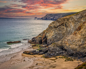 Porthtowan Beach - Sandy Beach and Cliff at Sunset